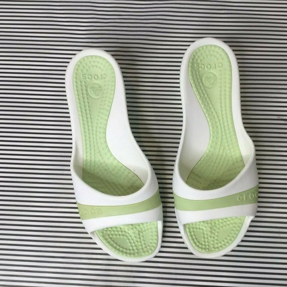 Crocs Women's White and Green Slide Sandals - Picture 1 of 5